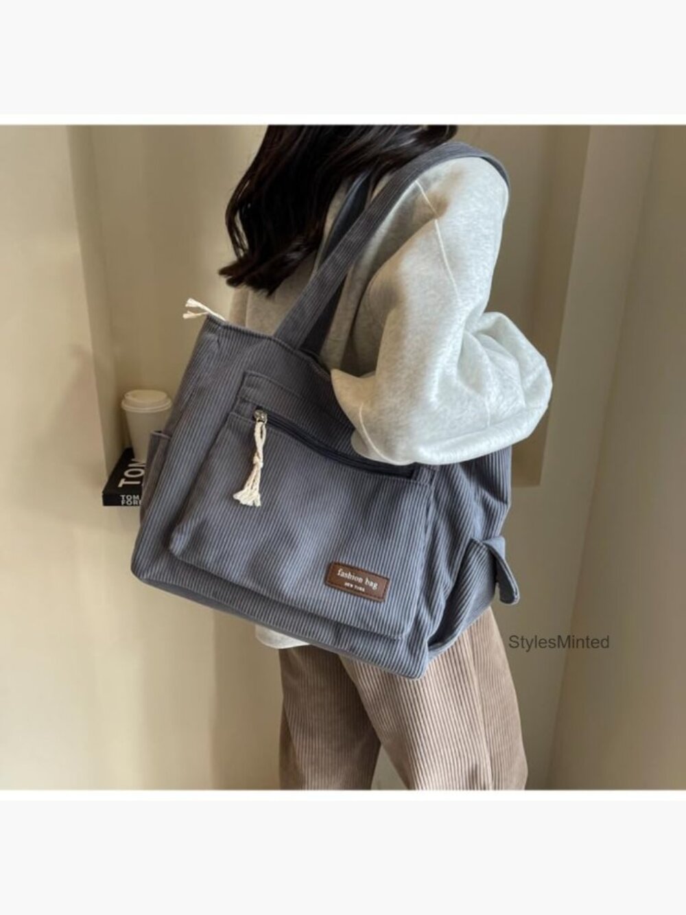 Large Corduroy Tote Bag with Pockets and Zipper Closure Shoulder Bag - Picture 4 of 7